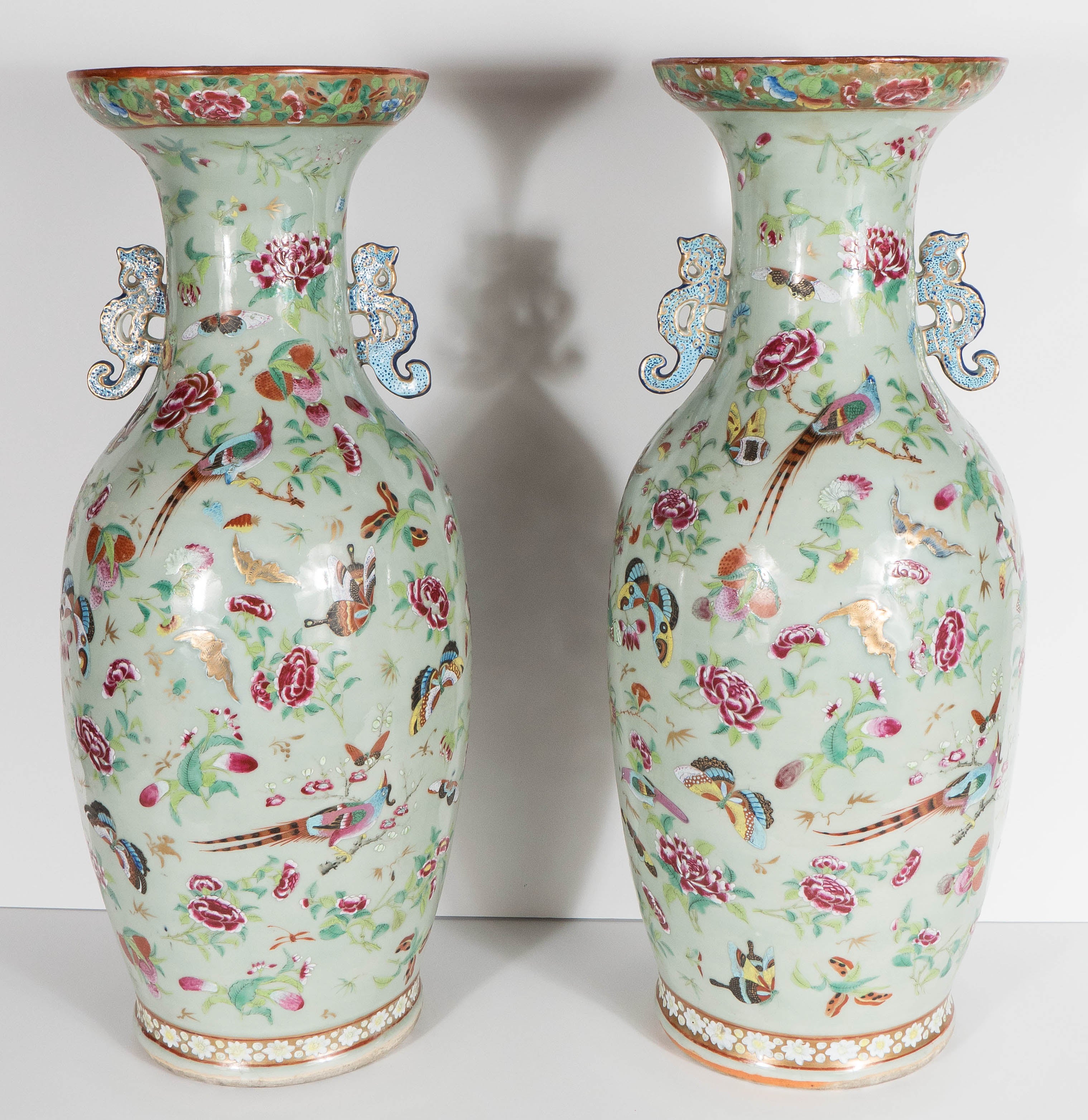 Exquisite Pair of Canton Famille Rose Celadon-Ground Baluster Floor Vases In Excellent Condition In New York, NY