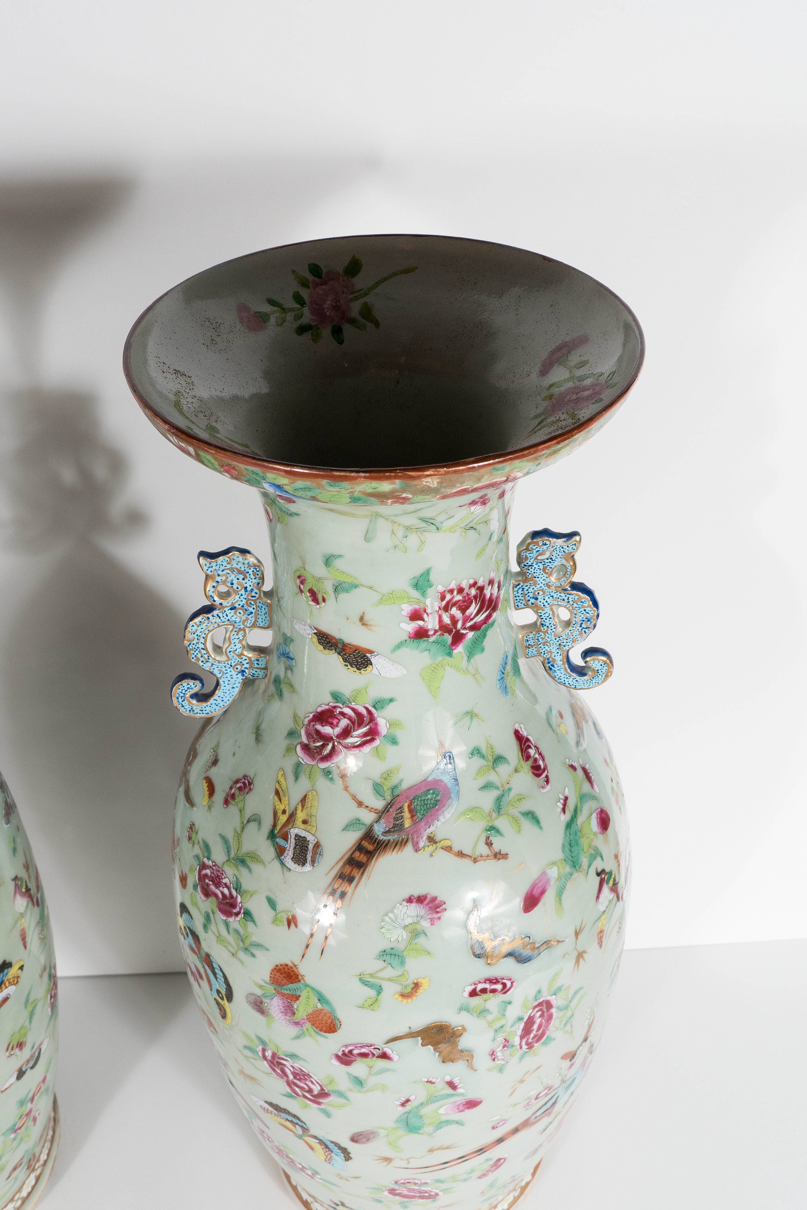 Exquisite Pair of Canton Famille Rose Celadon-Ground Baluster Floor Vases 1