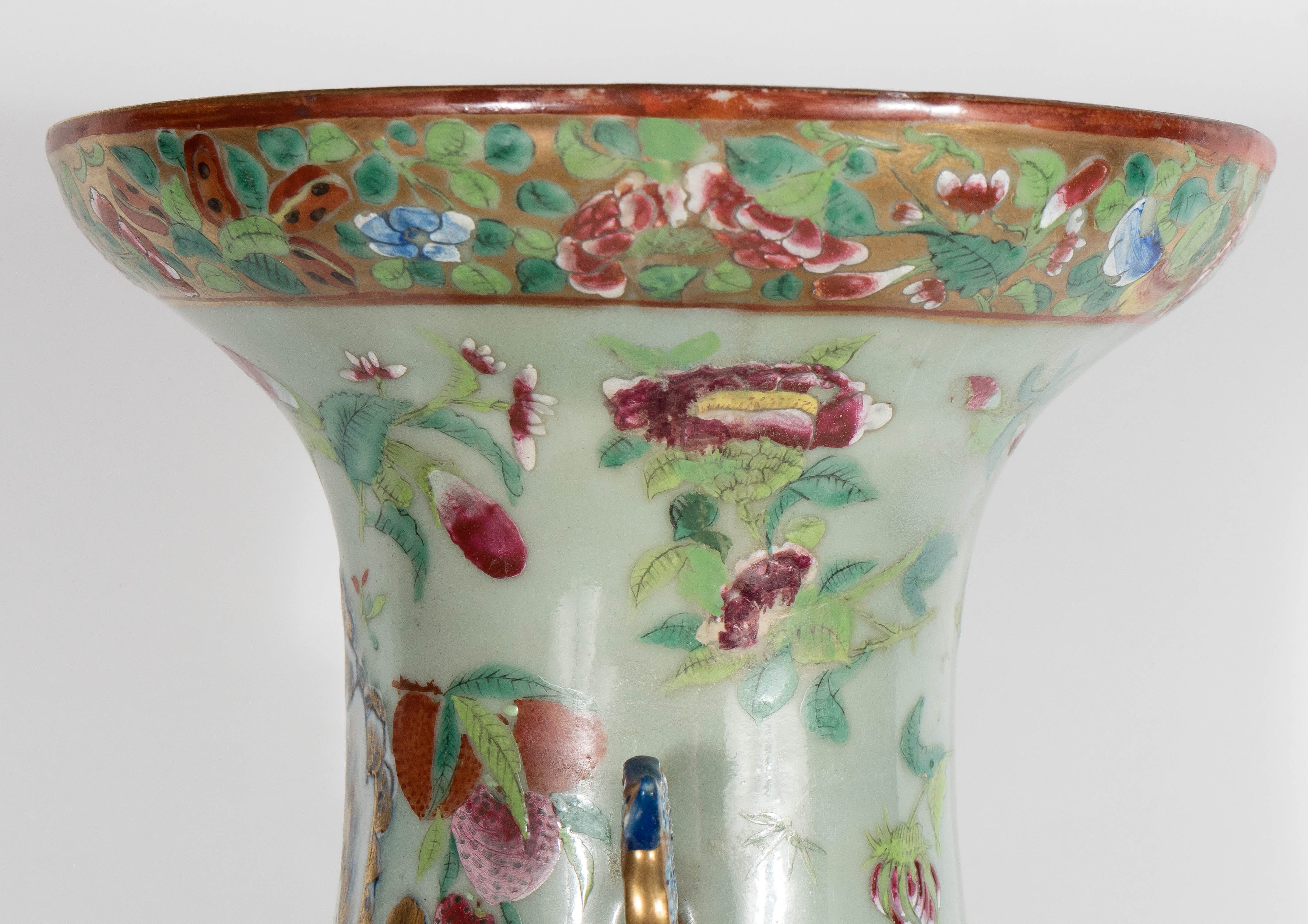 Exquisite Pair of Canton Famille Rose Celadon-Ground Baluster Floor Vases 3