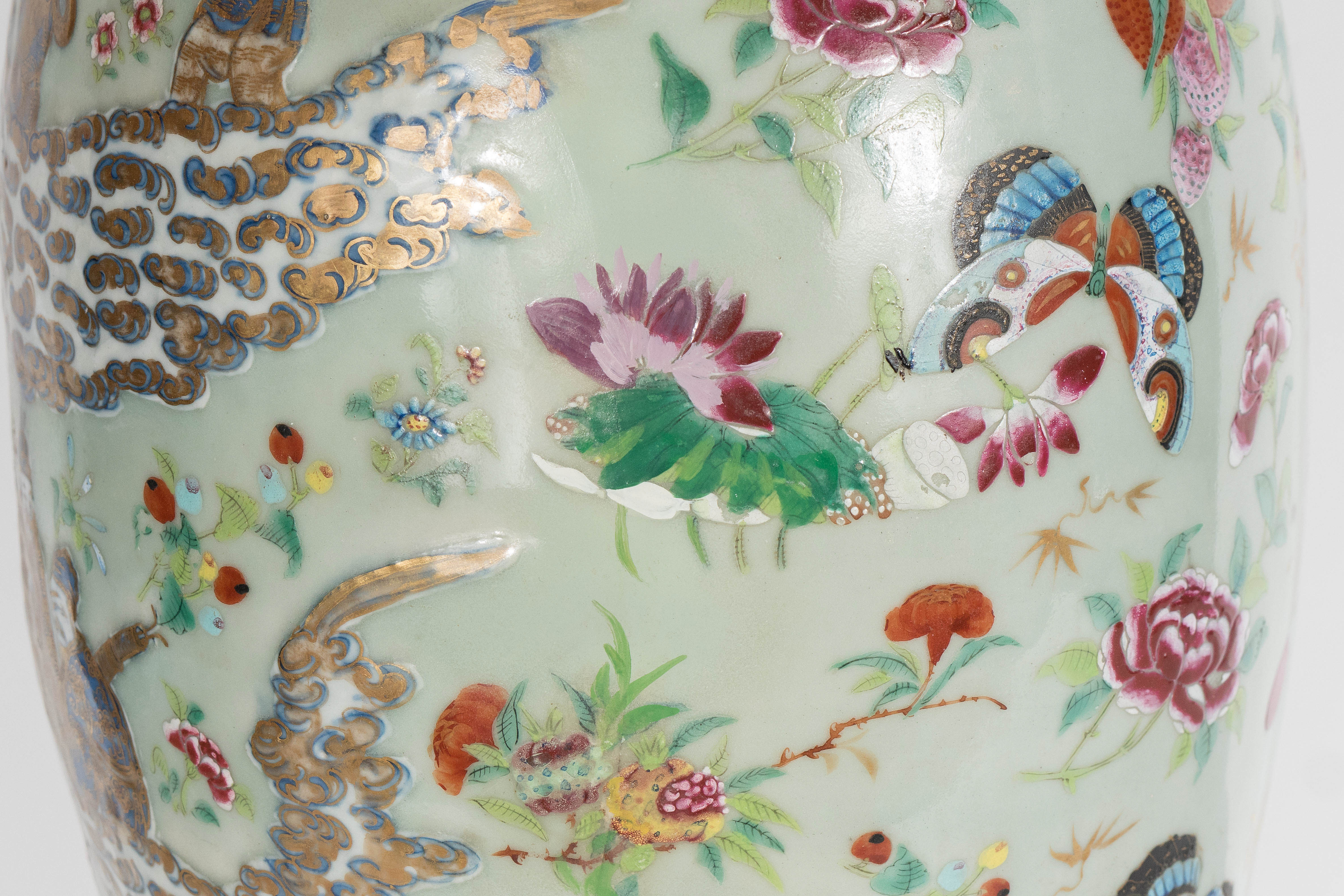 Exquisite Pair of Canton Famille Rose Celadon-Ground Baluster Floor Vases 4