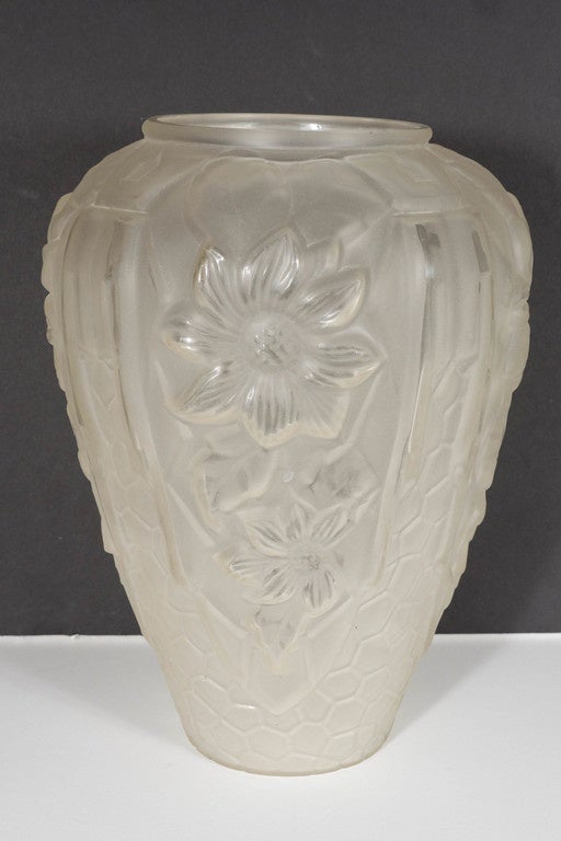 French Art Deco Relief Frosted Glass Vase with Cubist  Floral and Geometric Design For Sale