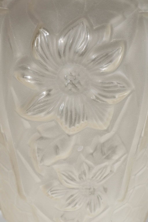 Art Deco Relief Frosted Glass Vase with Cubist  Floral and Geometric Design In Excellent Condition For Sale In New York, NY