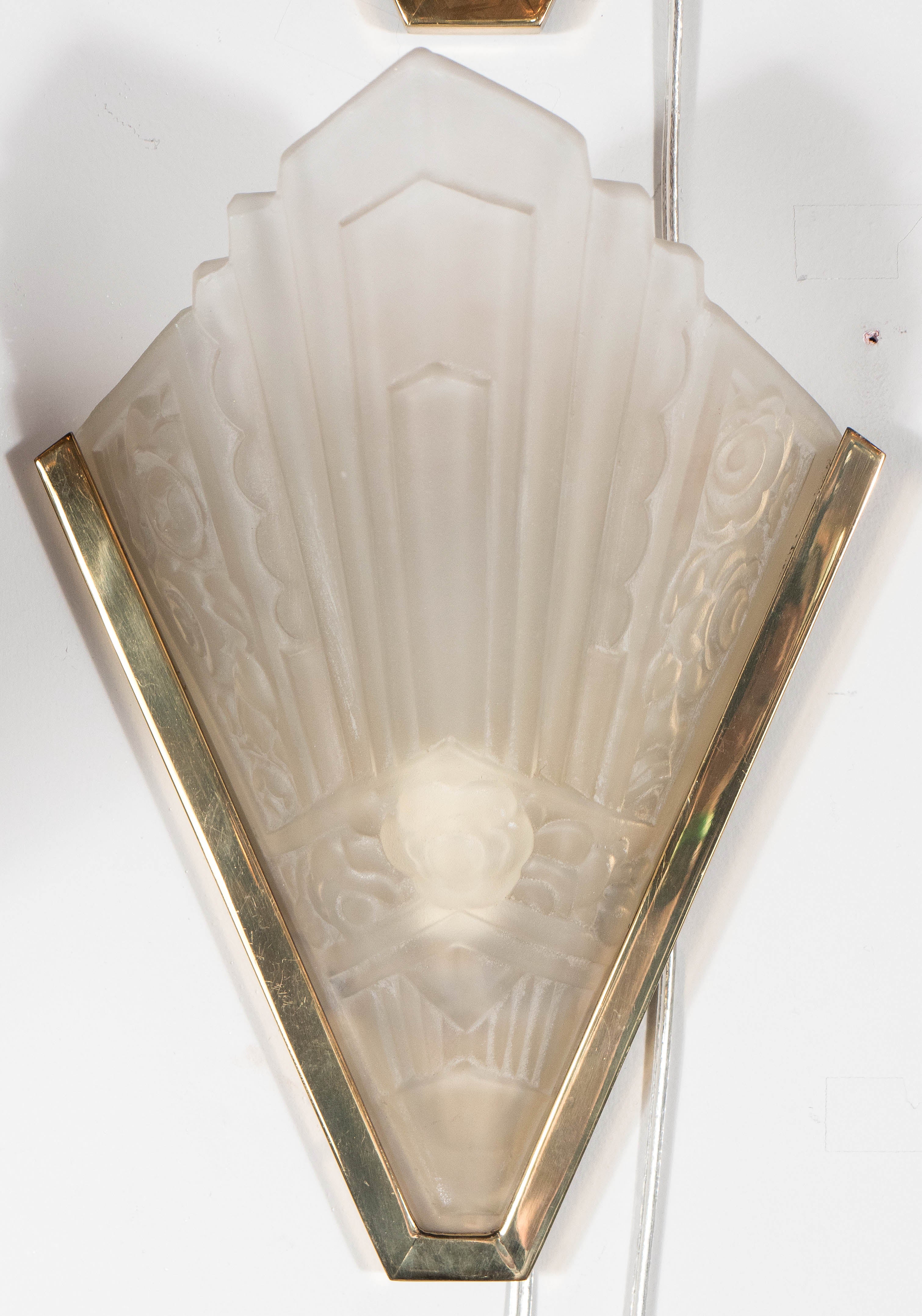 Set of Four Art Deco Relief Glass and Brass Sconces by Degué