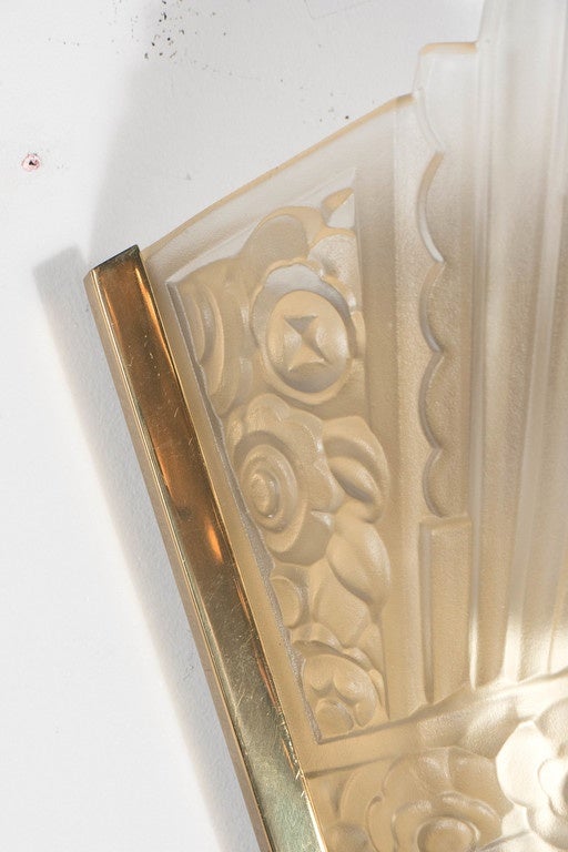 Mid-20th Century Set of Four Art Deco Relief Glass and Brass Sconces by Degué