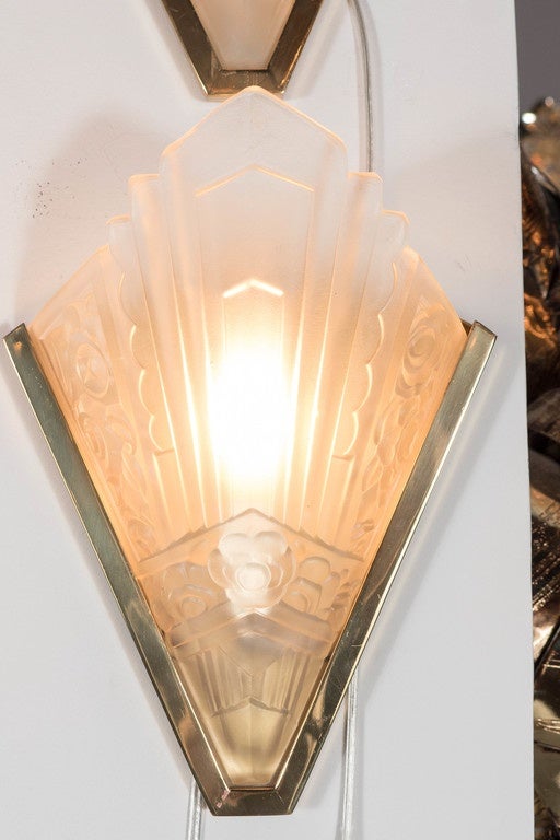 Set of Four Art Deco Relief Glass and Brass Sconces by Degué 1