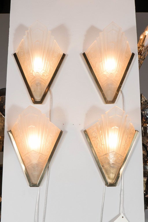 Set of Four Art Deco Relief Glass and Brass Sconces by Degué 2