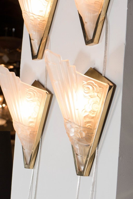 Set of Four Art Deco Relief Glass and Brass Sconces by Degué 3