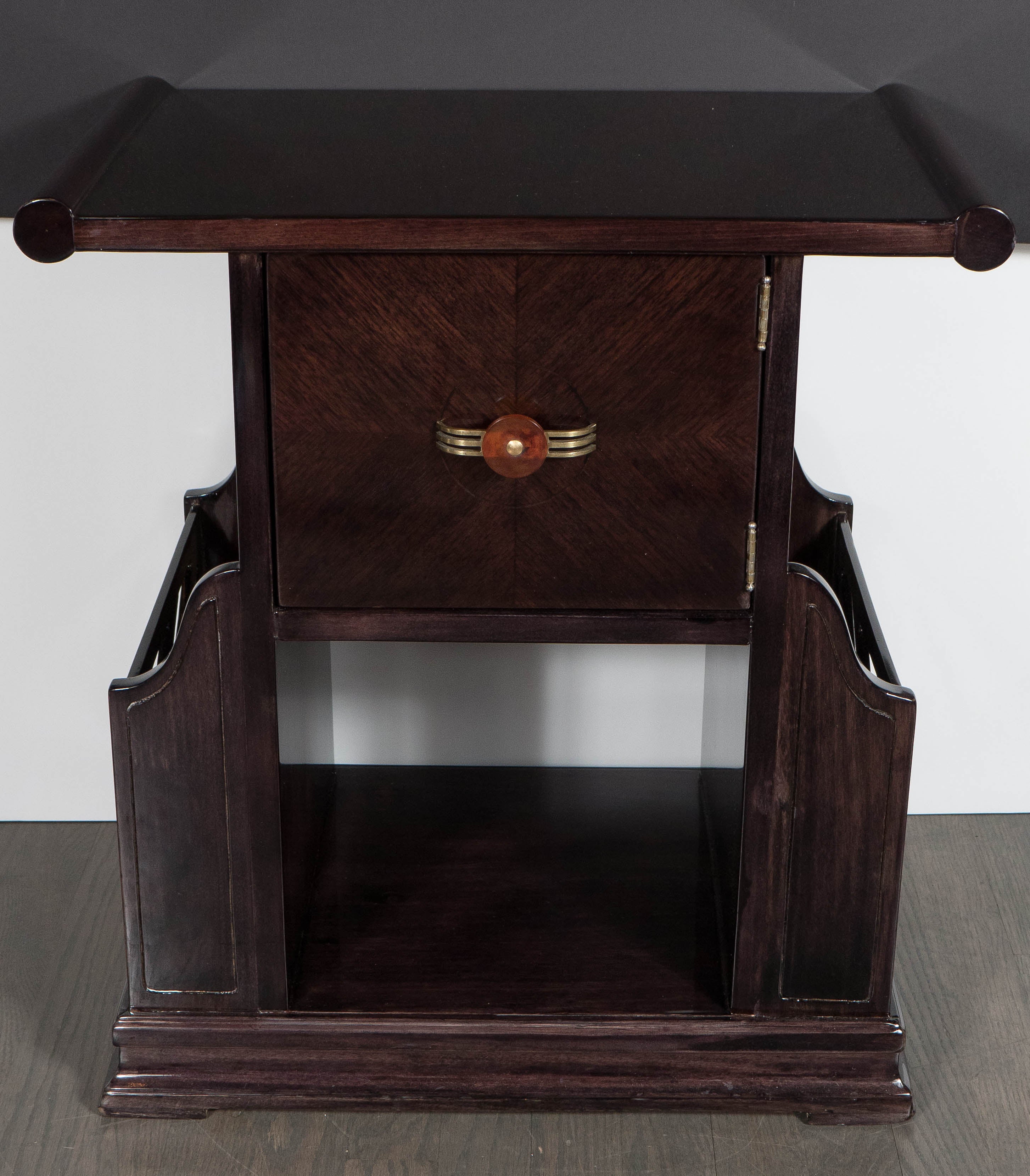 Art Deco Magazine or Telephone Table with Inlaid Walnut and Brass, Bakelite Pull