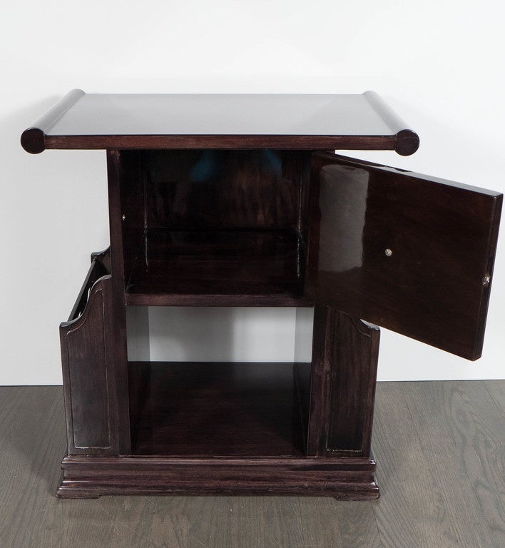 American Art Deco Magazine or Telephone Table with Inlaid Walnut and Brass, Bakelite Pull