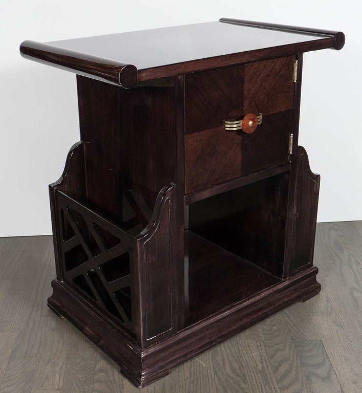 Art Deco Magazine or Telephone Table with Inlaid Walnut and Brass, Bakelite Pull In Excellent Condition In New York, NY