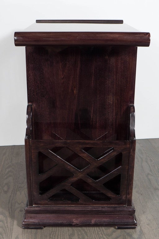 Mid-20th Century Art Deco Magazine or Telephone Table with Inlaid Walnut and Brass, Bakelite Pull