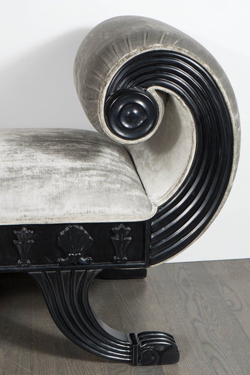 1940s Hollywood Regency Scroll Arm Bench by Grosfeld House in Ebonized Walnut