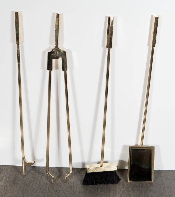 Custom Modernist Four-Piece Fire Tool Set in Polished Brass In Excellent Condition In New York, NY