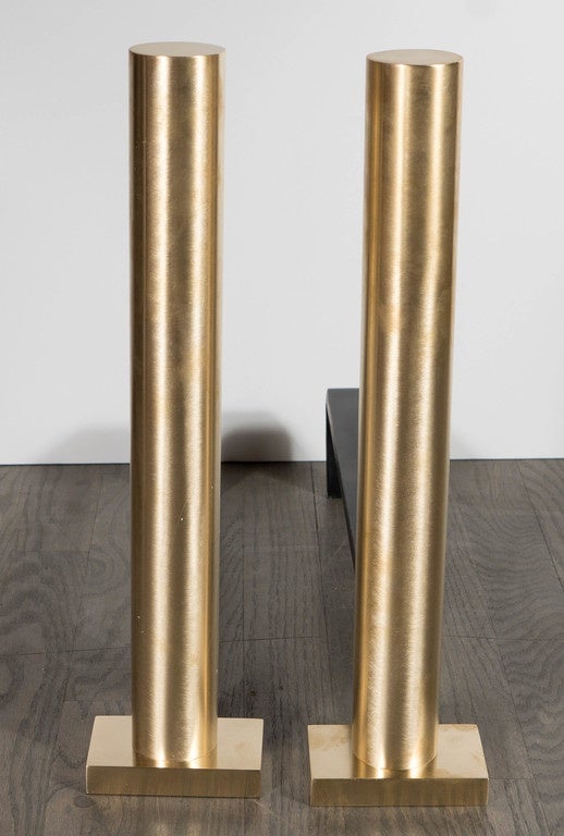 Pair of Custom Modernist Brushed Brass Cylindrical Andirons by High Style Deco In Excellent Condition For Sale In New York, NY