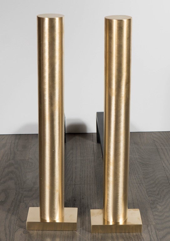 Contemporary Pair of Custom Modernist Brushed Brass Cylindrical Andirons by High Style Deco For Sale