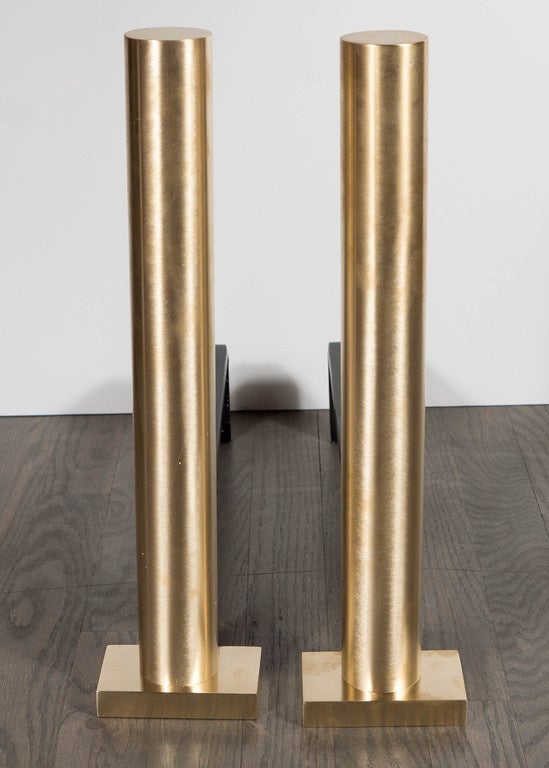 Pair of Custom Modernist Brushed Brass Cylindrical Andirons by High Style Deco For Sale 1