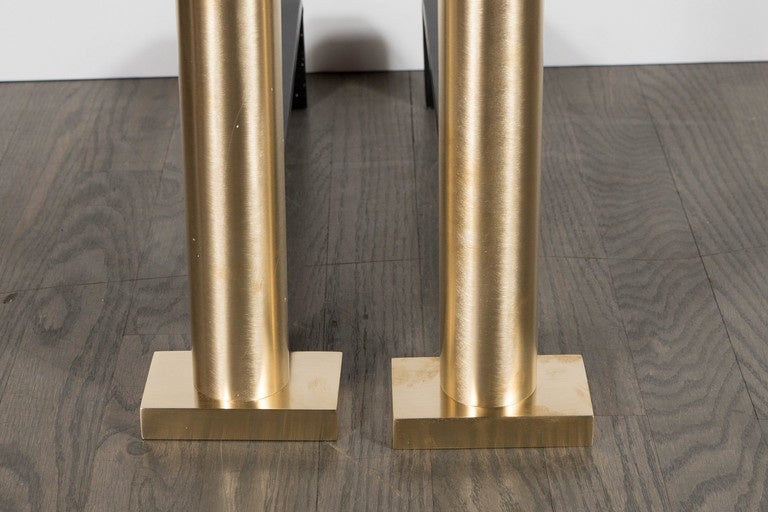Pair of Custom Modernist Brushed Brass Cylindrical Andirons by High Style Deco For Sale 2