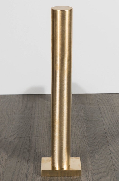 Pair of Custom Modernist Brushed Brass Cylindrical Andirons by High Style Deco For Sale 3