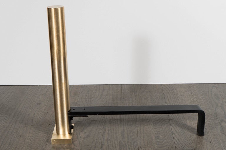 Pair of Custom Modernist Brushed Brass Cylindrical Andirons by High Style Deco For Sale 4