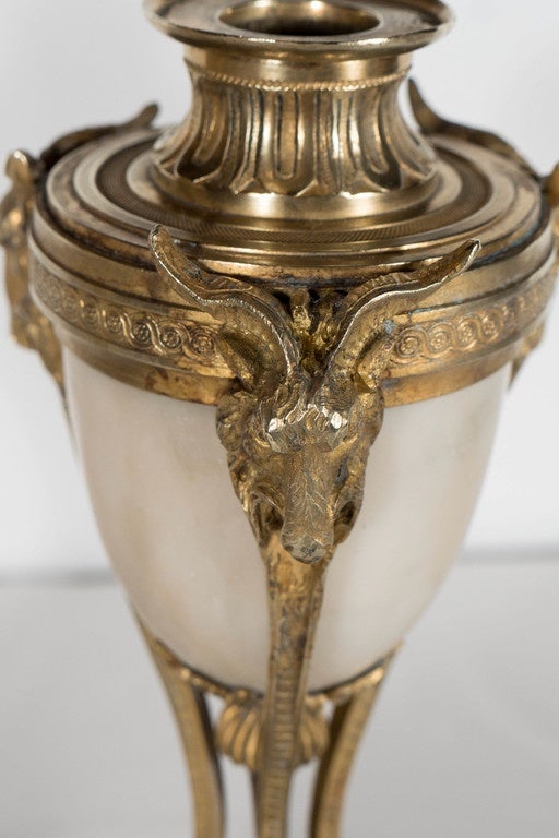 Mid-19th Century Pair of Fine French Ormolu and Alabaster Candlesticks with Goat & Hoof Motif