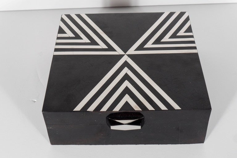 Exquisite Blacktab Shell Box with Stylized Geometric Art Deco Silvered Inlay