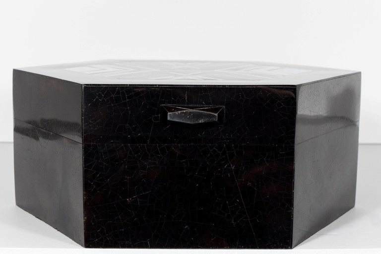 Exquisite Octagon Blacktab Box with Stylized Geometric Art Deco Silvered Inlay