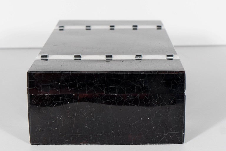 Hematite Black Lacquer Cracqueleur Box with Kabibi Inlay and Art Deco Square Motif