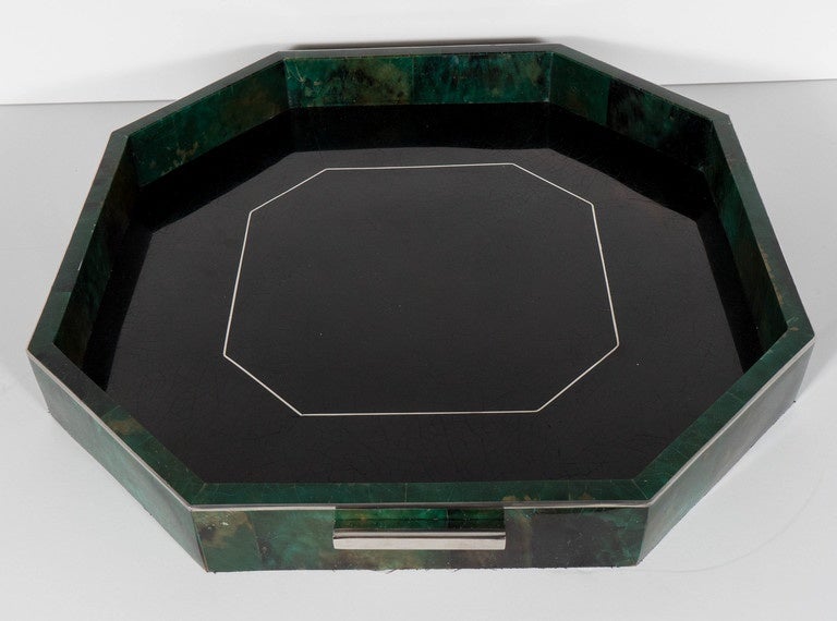 Dyed Octagon Penshell Tray with Blacktab Center, Silvered Inlay and Fittings
