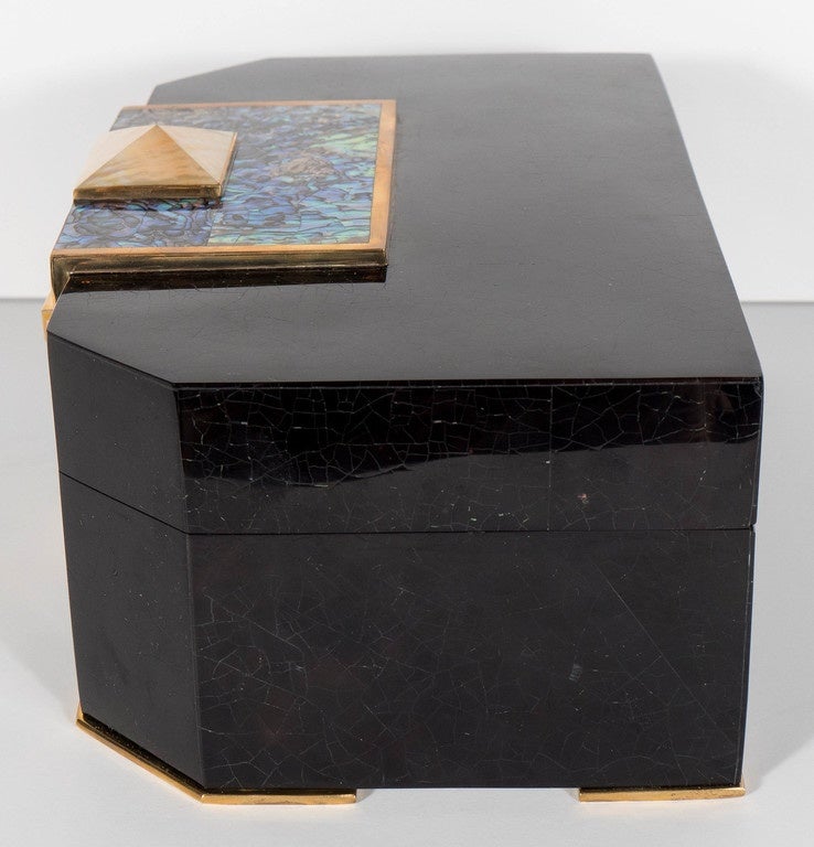 Blacktab Shell Box with Kabibi and Tahiti Shell Inlays with Brass Trims In Excellent Condition In New York, NY