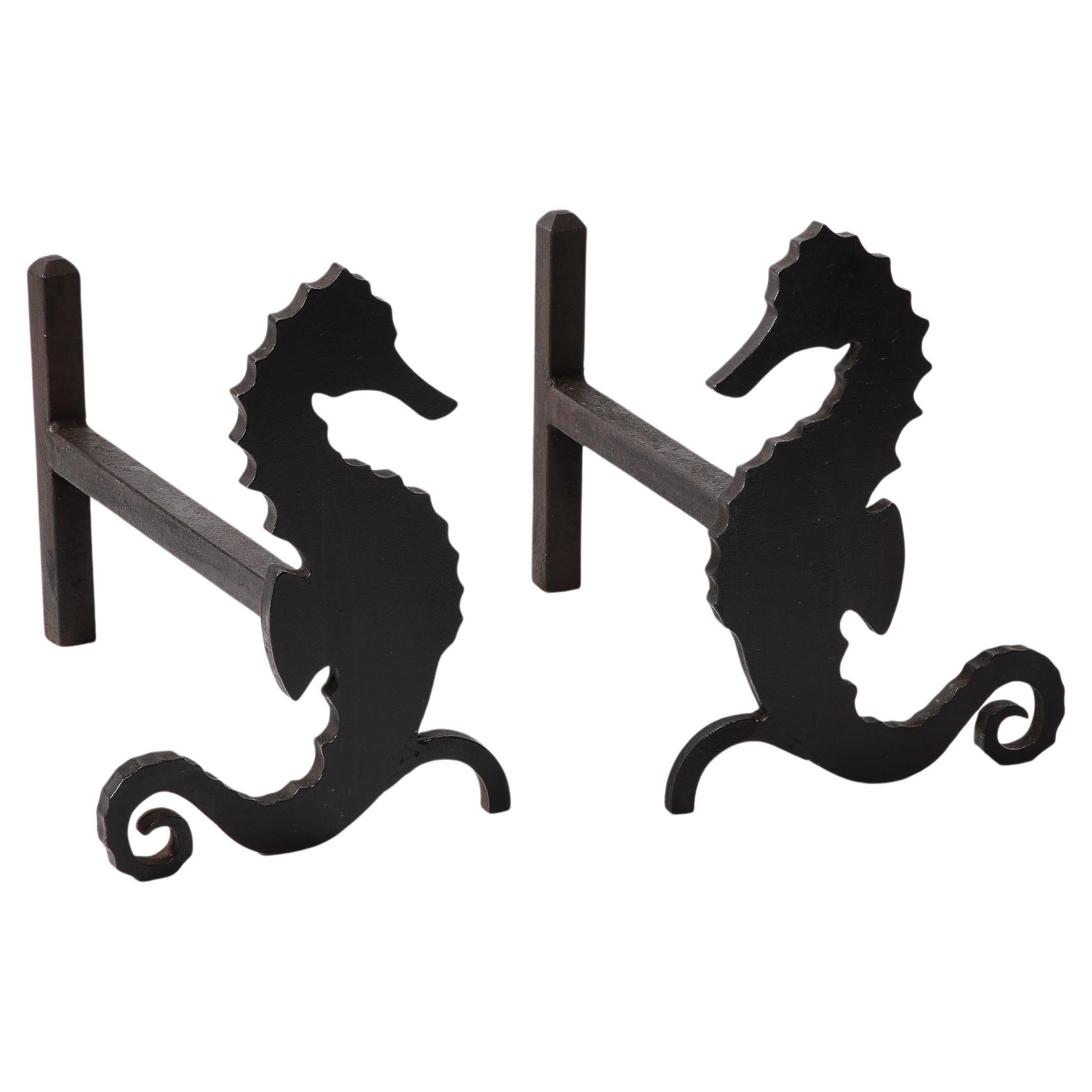 Pair of Art Deco Andirons in Patinated Black Enamel w/ Mirrored Seahorses For Sale