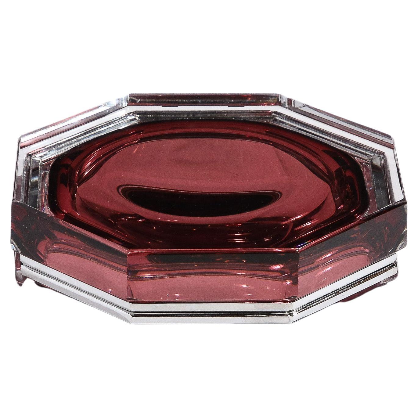 Hand Blown Octagonal Murano Glass Box in Smoked Garnet For Sale
