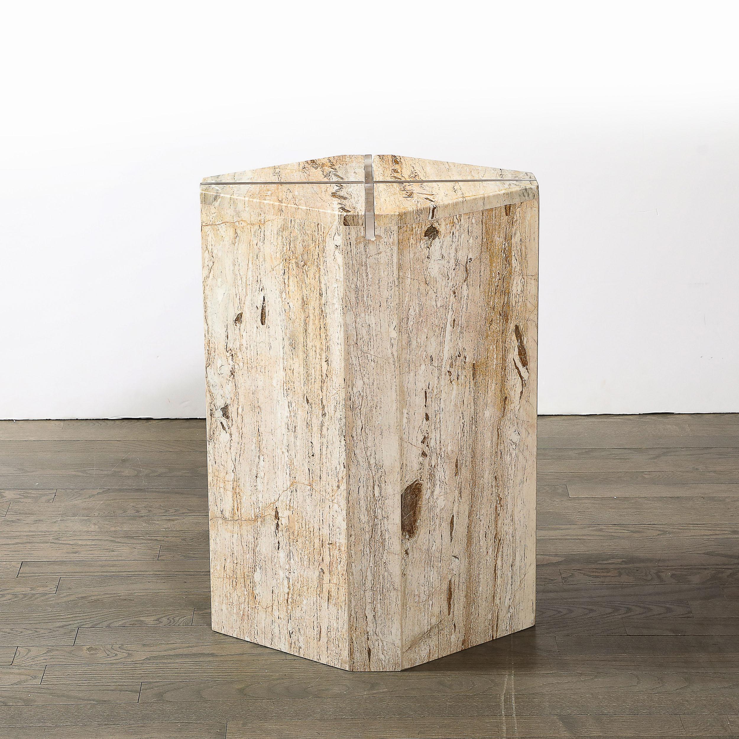 American Sophisticated Mid-Century Modernist Crosslight Illuminating Travertine Pedestal For Sale