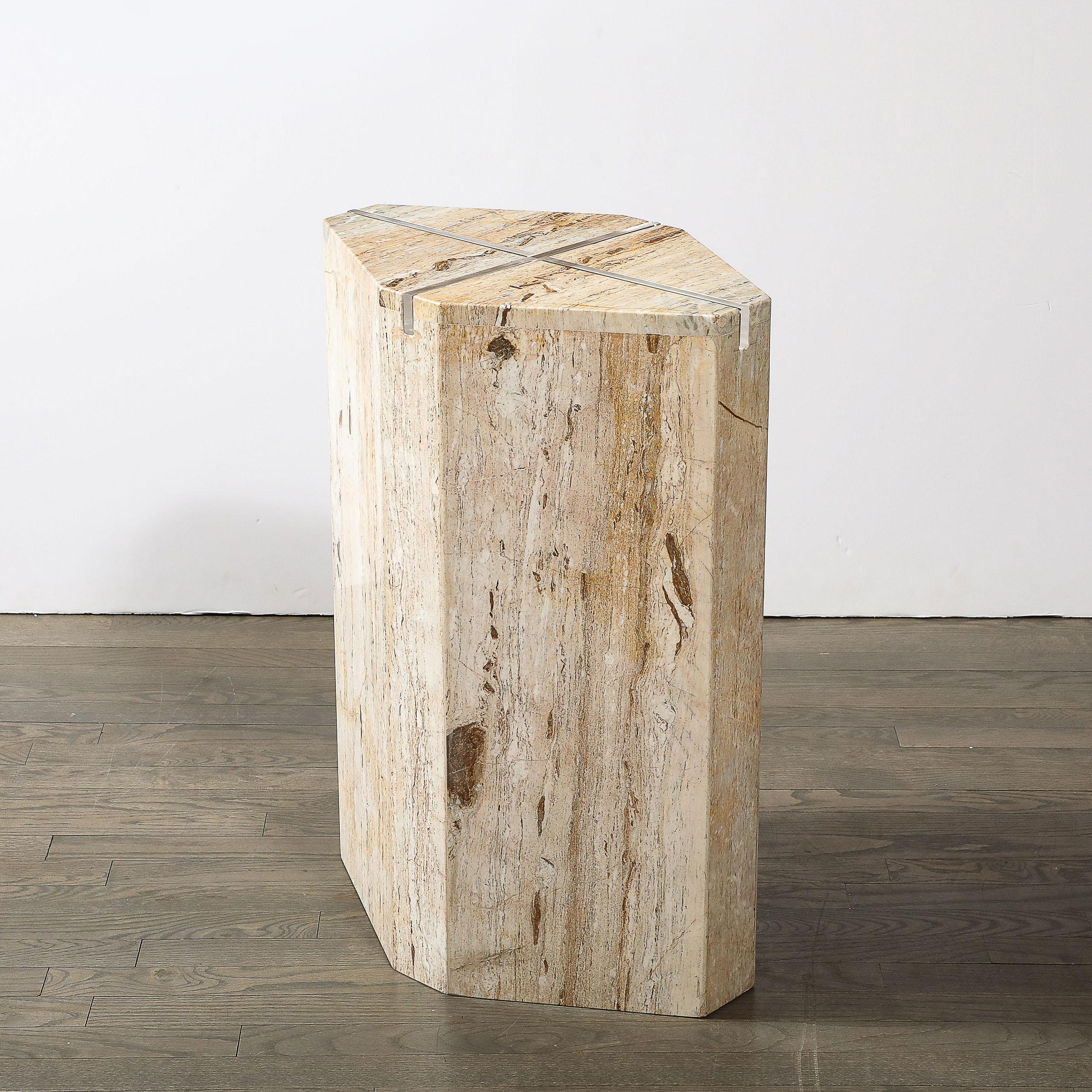 Late 20th Century Sophisticated Mid-Century Modernist Crosslight Illuminating Travertine Pedestal For Sale