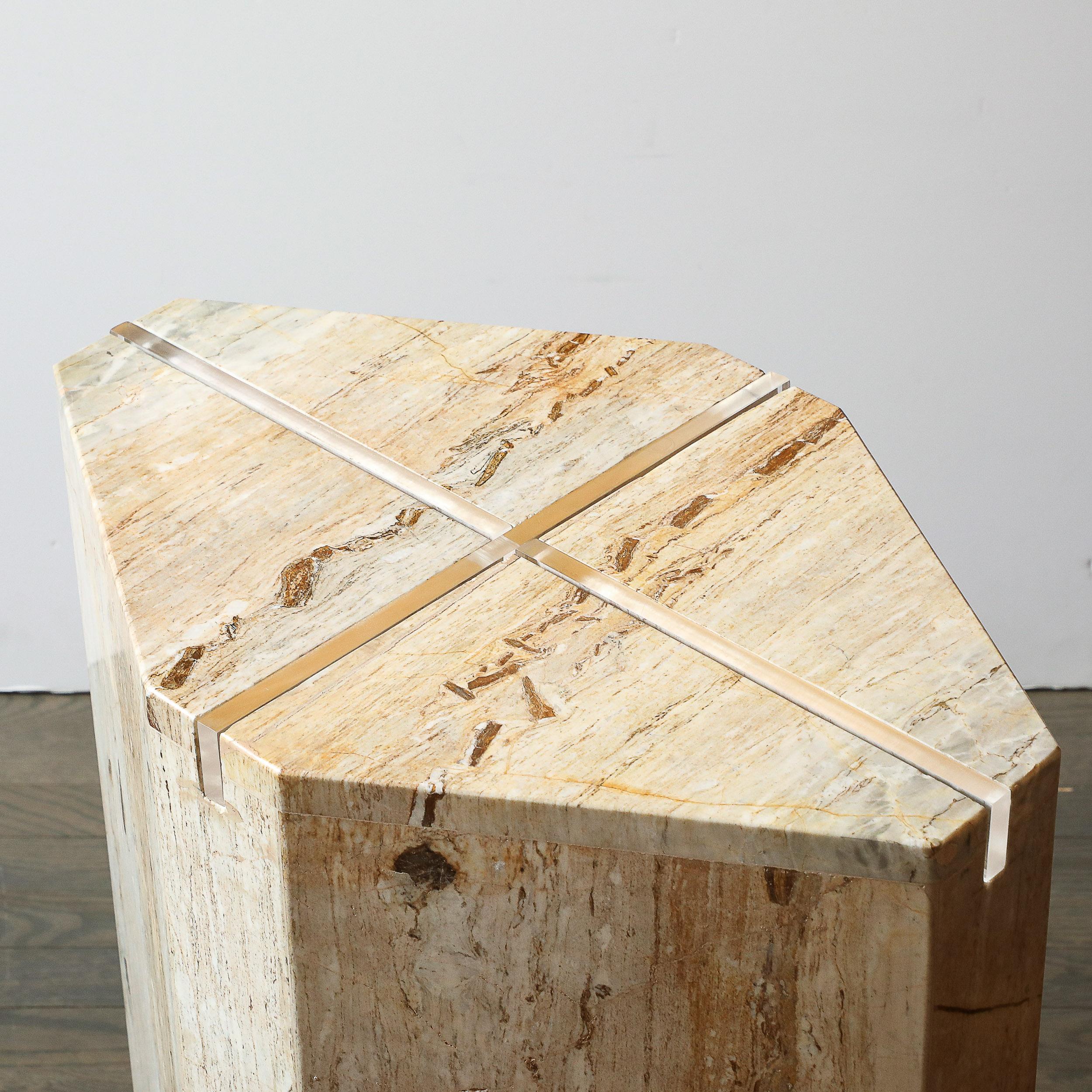 Marble Sophisticated Mid-Century Modernist Crosslight Illuminating Travertine Pedestal For Sale