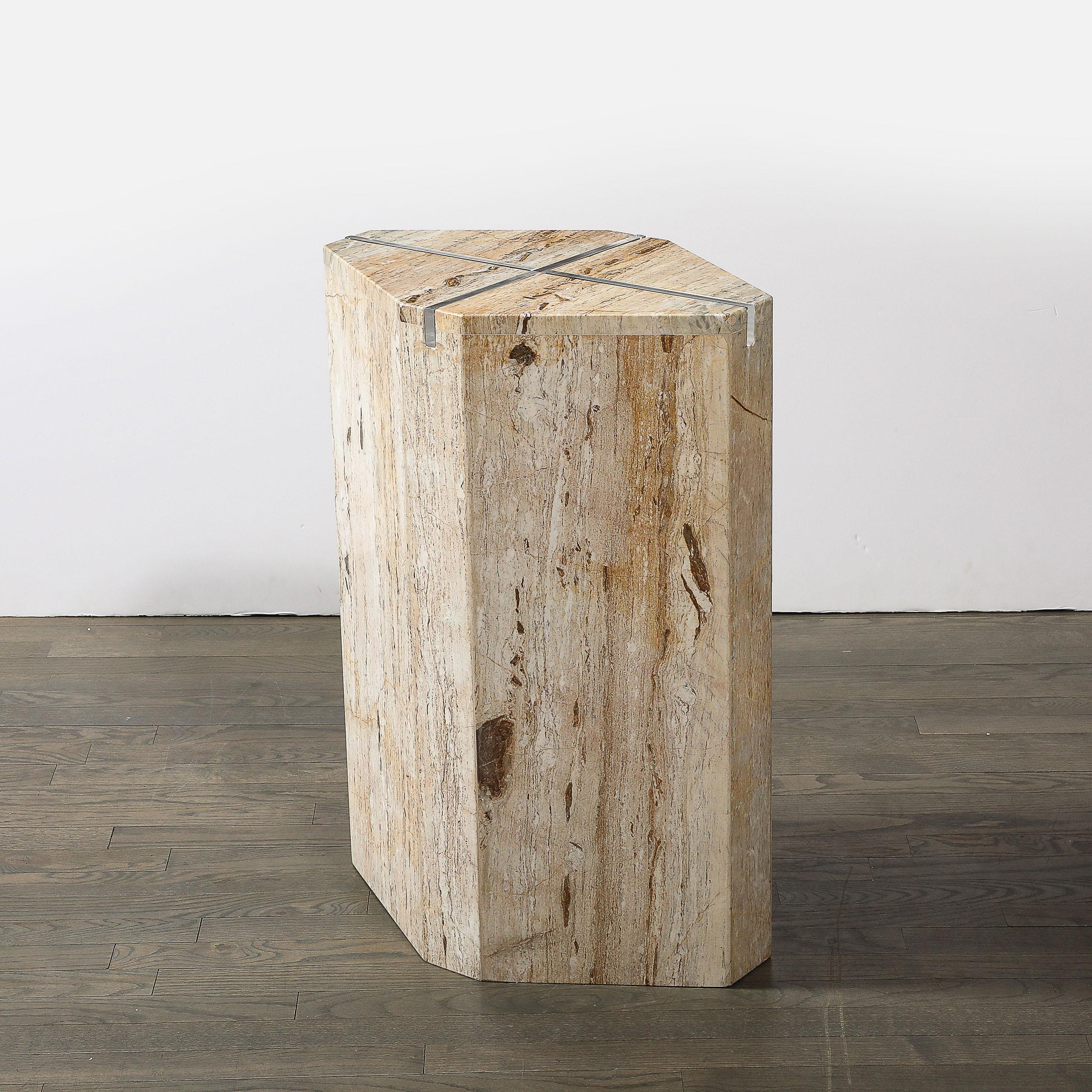 Sophisticated Mid-Century Modernist Crosslight Illuminating Travertine Pedestal For Sale 3