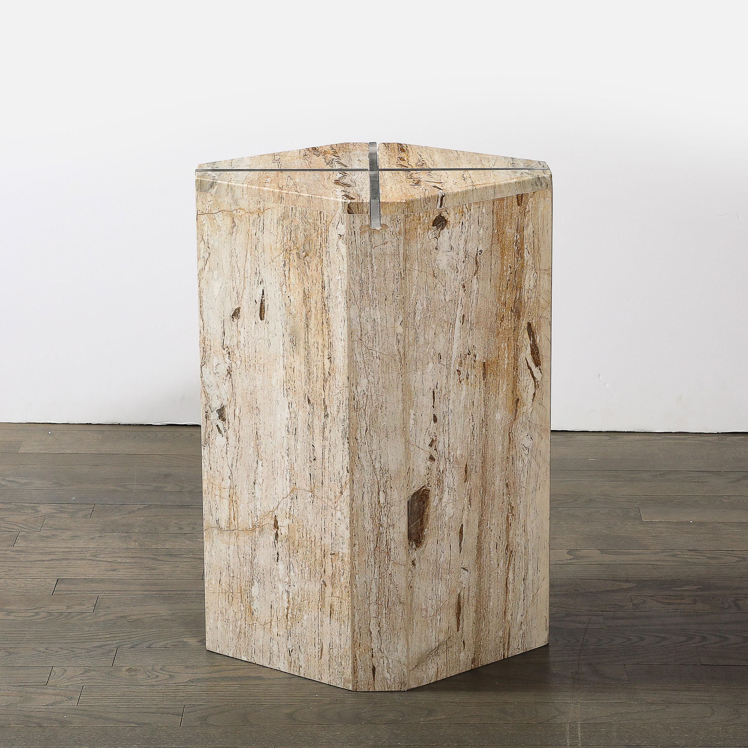 Sophisticated Mid-Century Modernist Crosslight Illuminating Travertine Pedestal For Sale 2