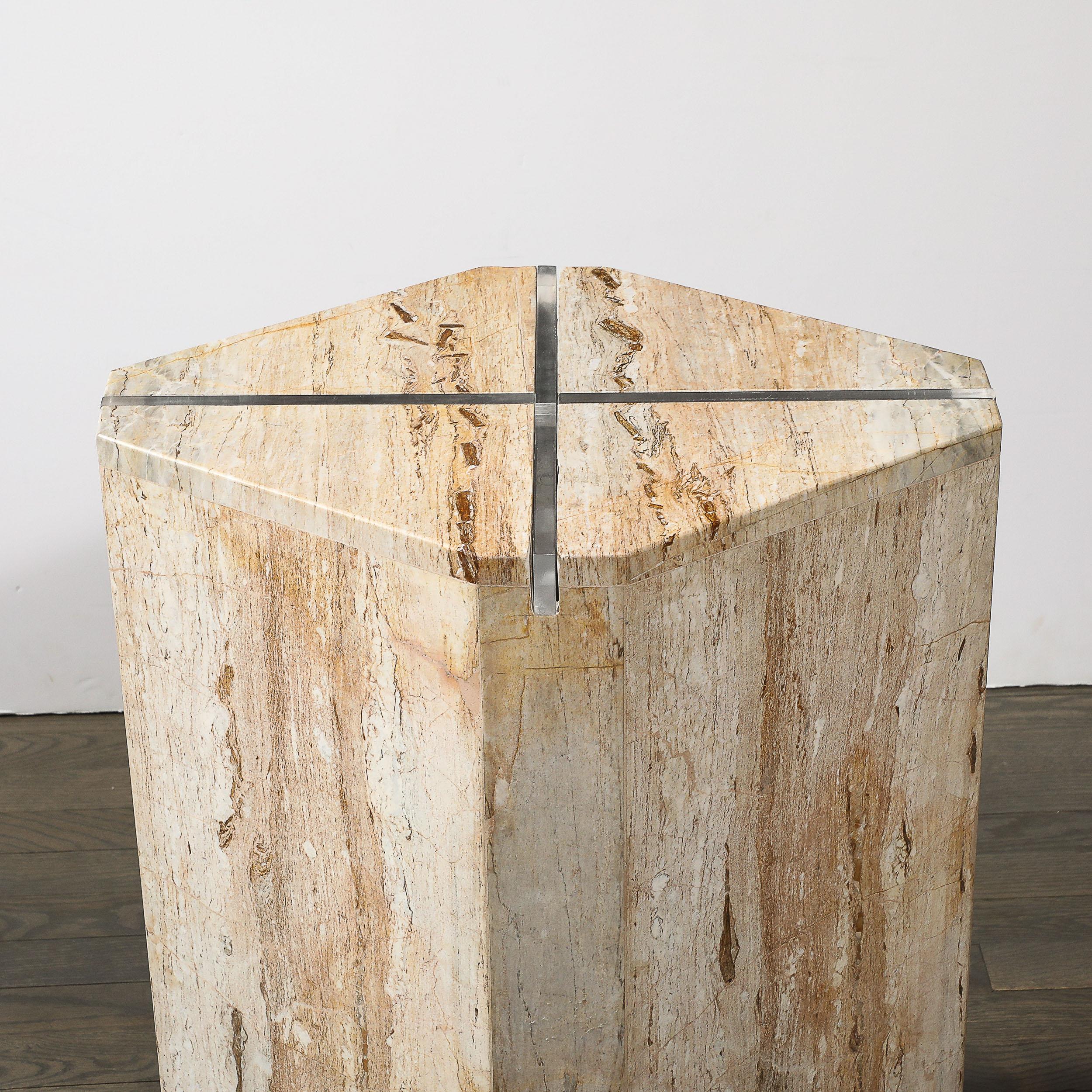 Sophisticated Mid-Century Modernist Crosslight Illuminating Travertine Pedestal For Sale 6