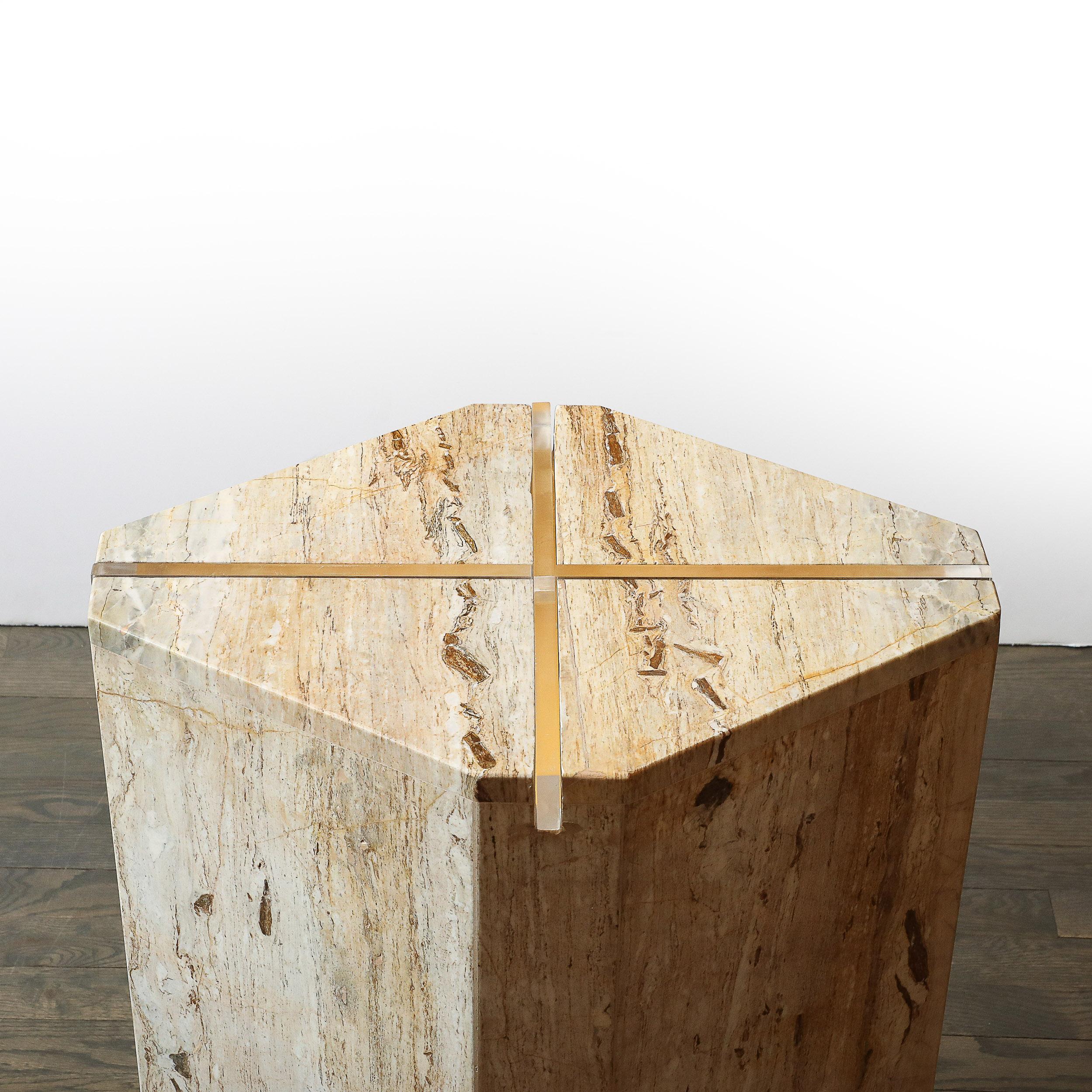 Sophisticated Mid-Century Modernist Crosslight Illuminating Travertine Pedestal For Sale 1