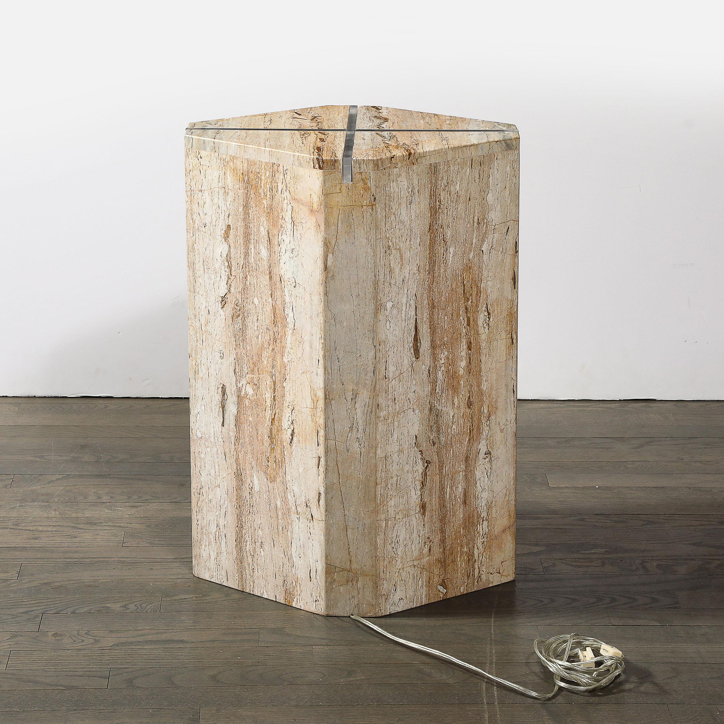 Sophisticated Mid-Century Modernist Crosslight Illuminating Travertine Pedestal For Sale 5