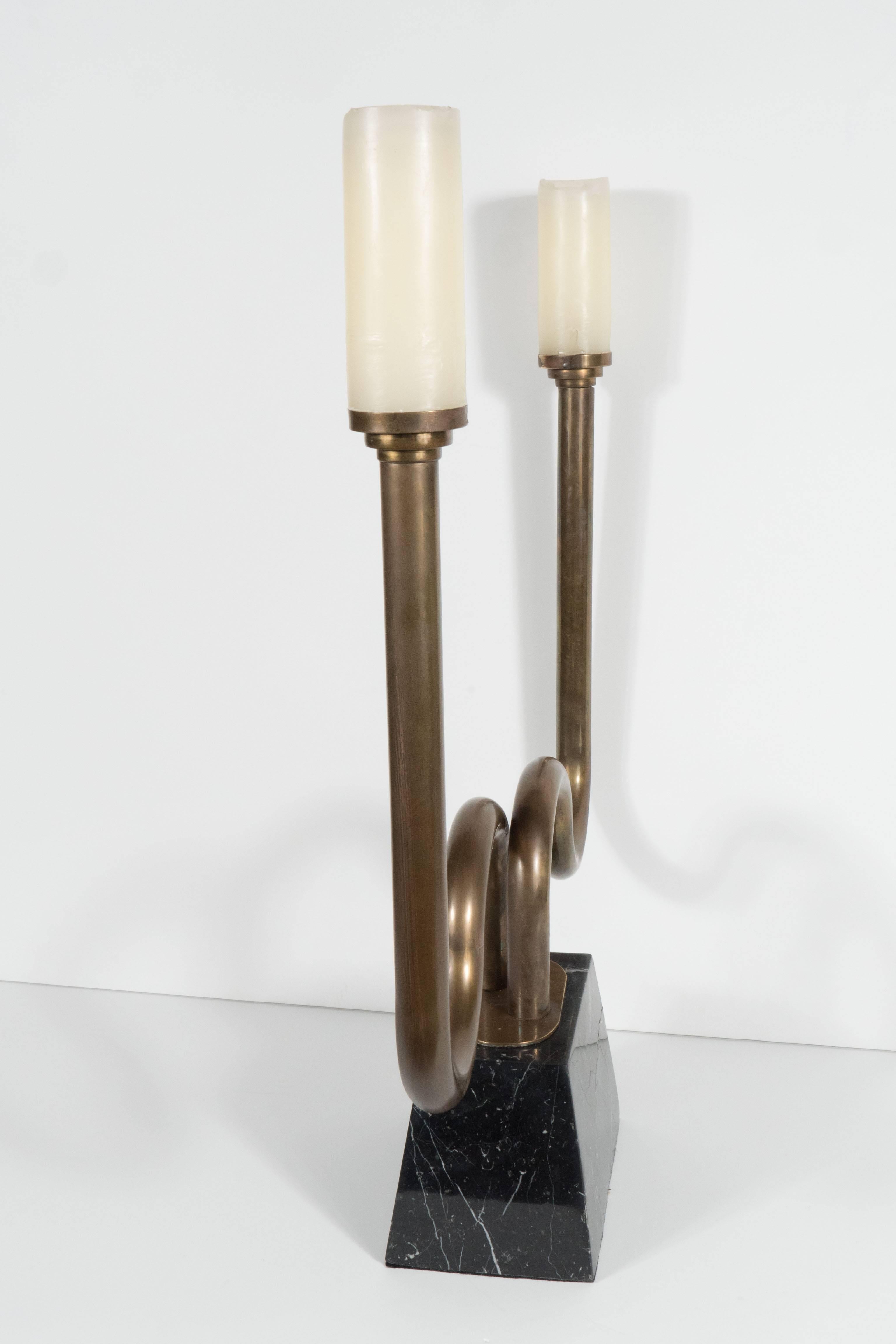 Mid-20th Century Pair of Mid-Century Modernist Bronze Candlesticks with Polished Marble Bases