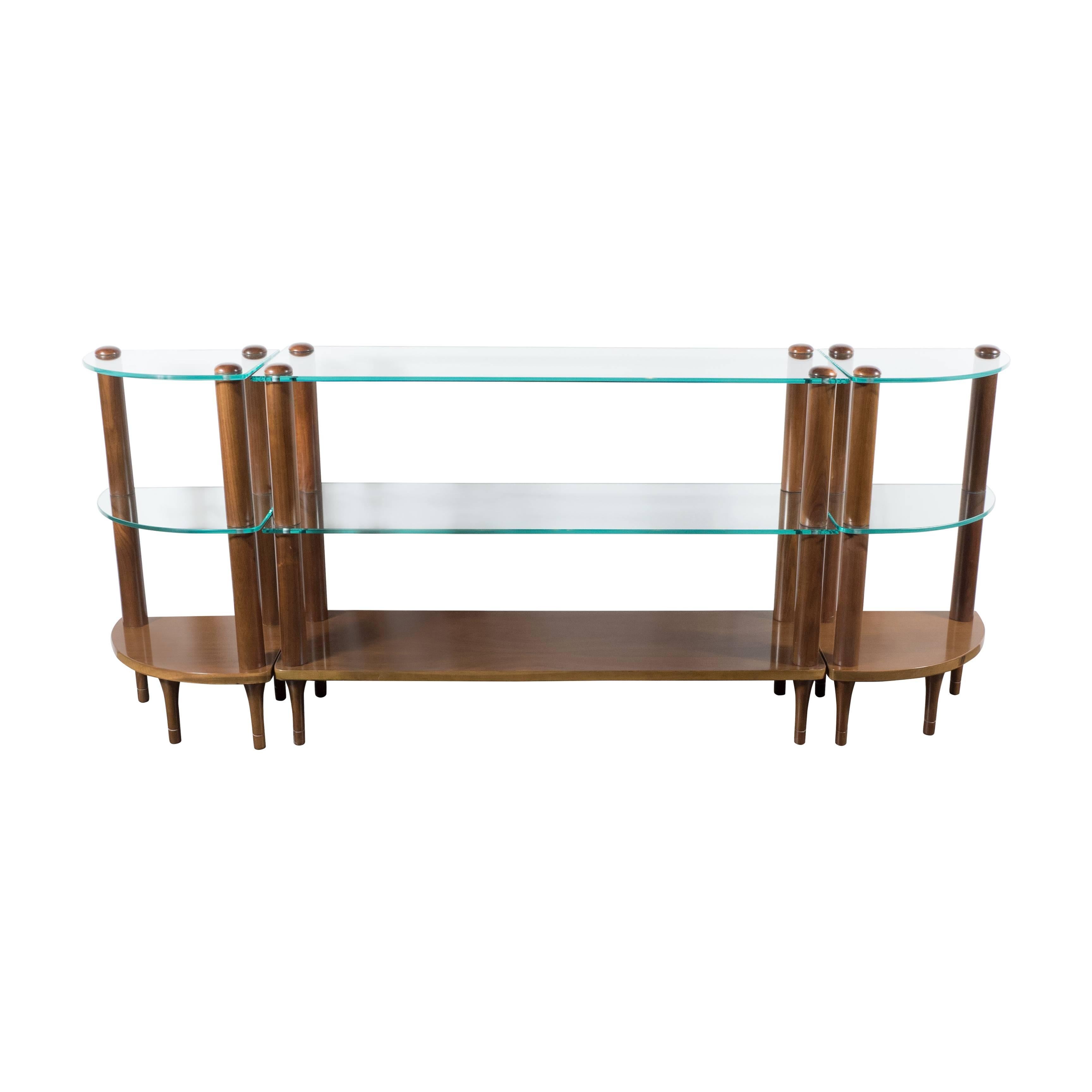 Art Deco Streamlined Glass and Walnut Shelf Trio by Gilbert Rohde