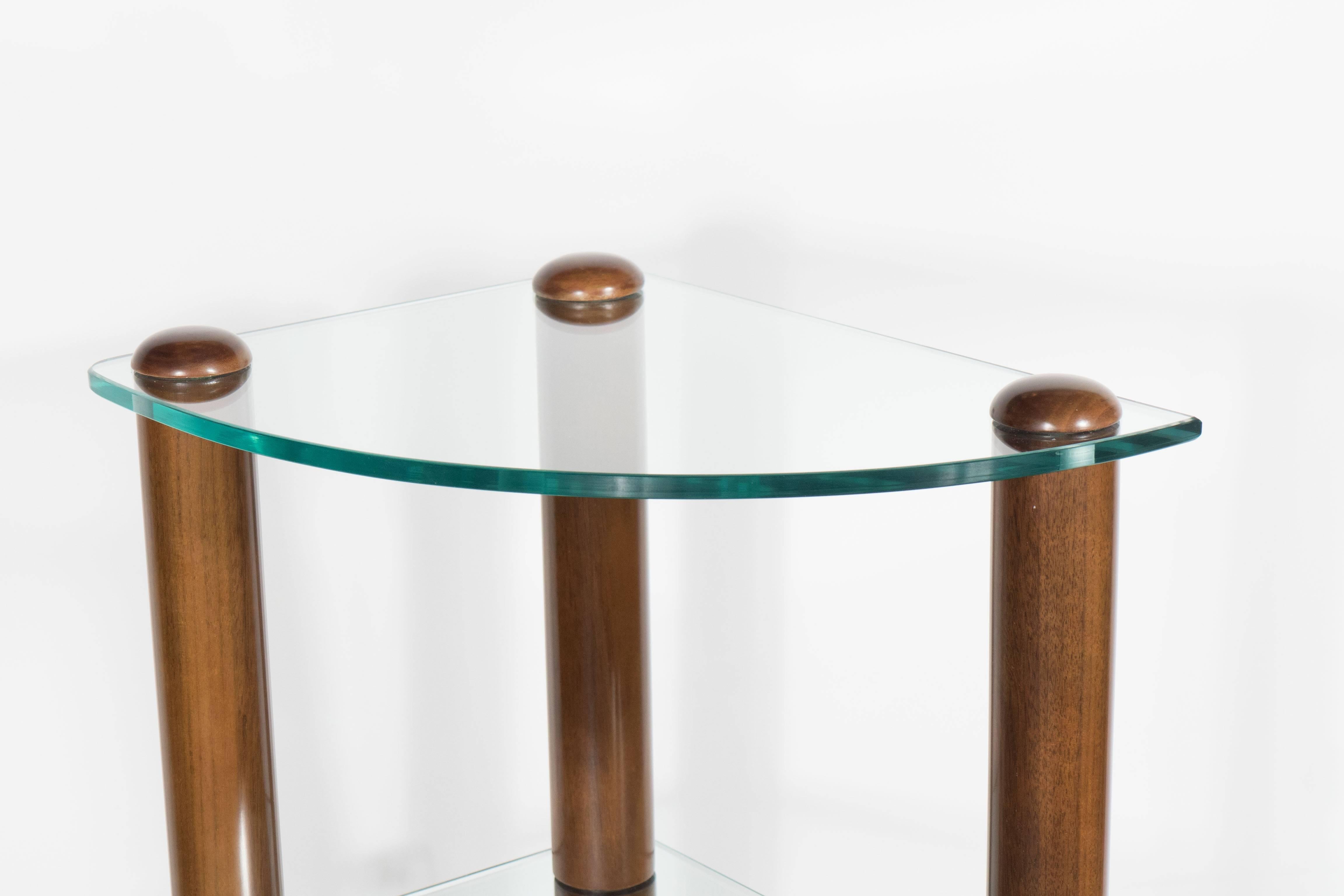 Art Deco Streamlined Glass and Walnut Shelf Trio by Gilbert Rohde 4