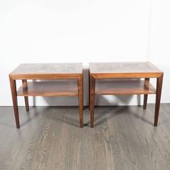 Pair of Mid-Century End Tables in Rosewood with Inset Royal Copenhagen Tiles