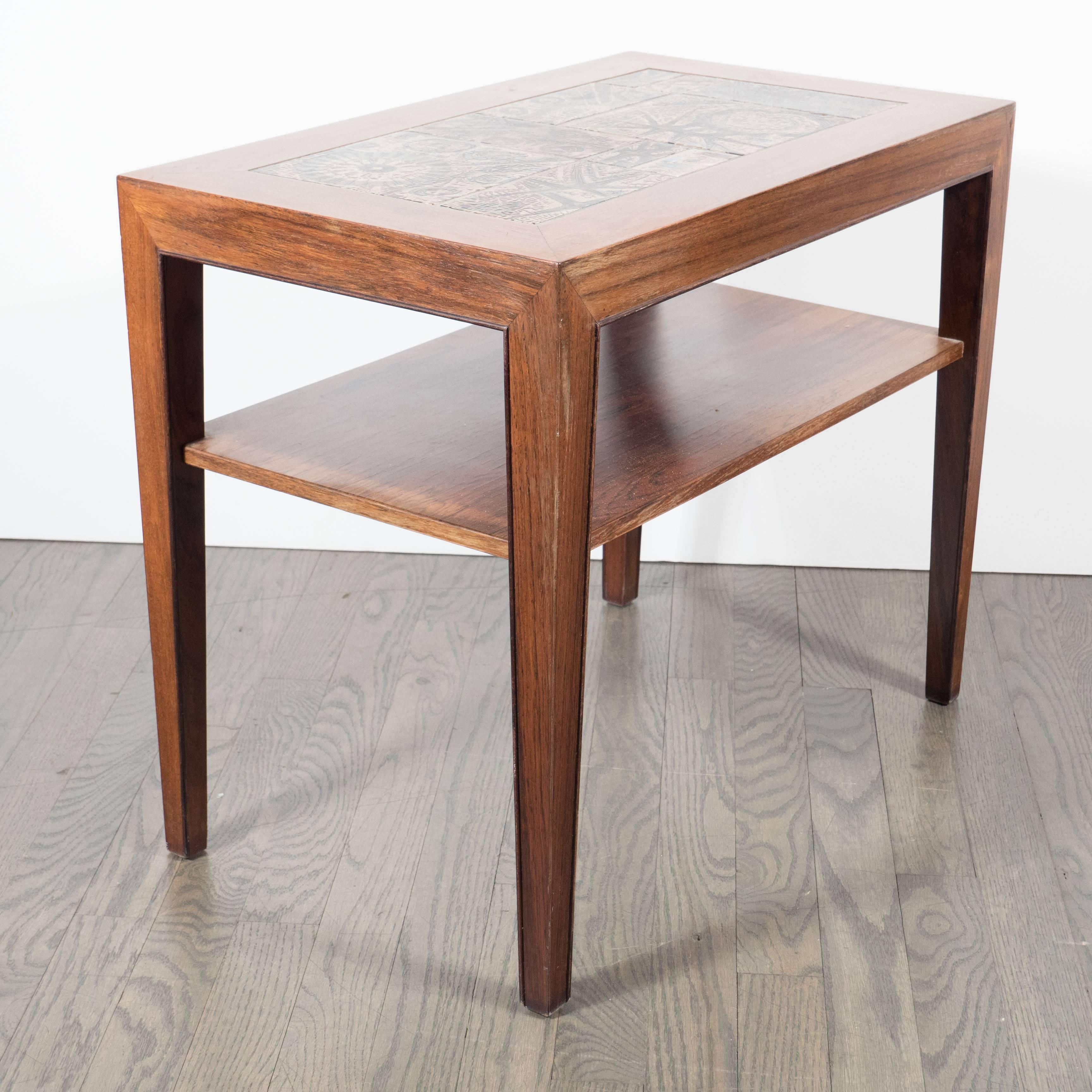 Danish Pair of Mid-Century End Tables in Rosewood with Inset Royal Copenhagen Tiles
