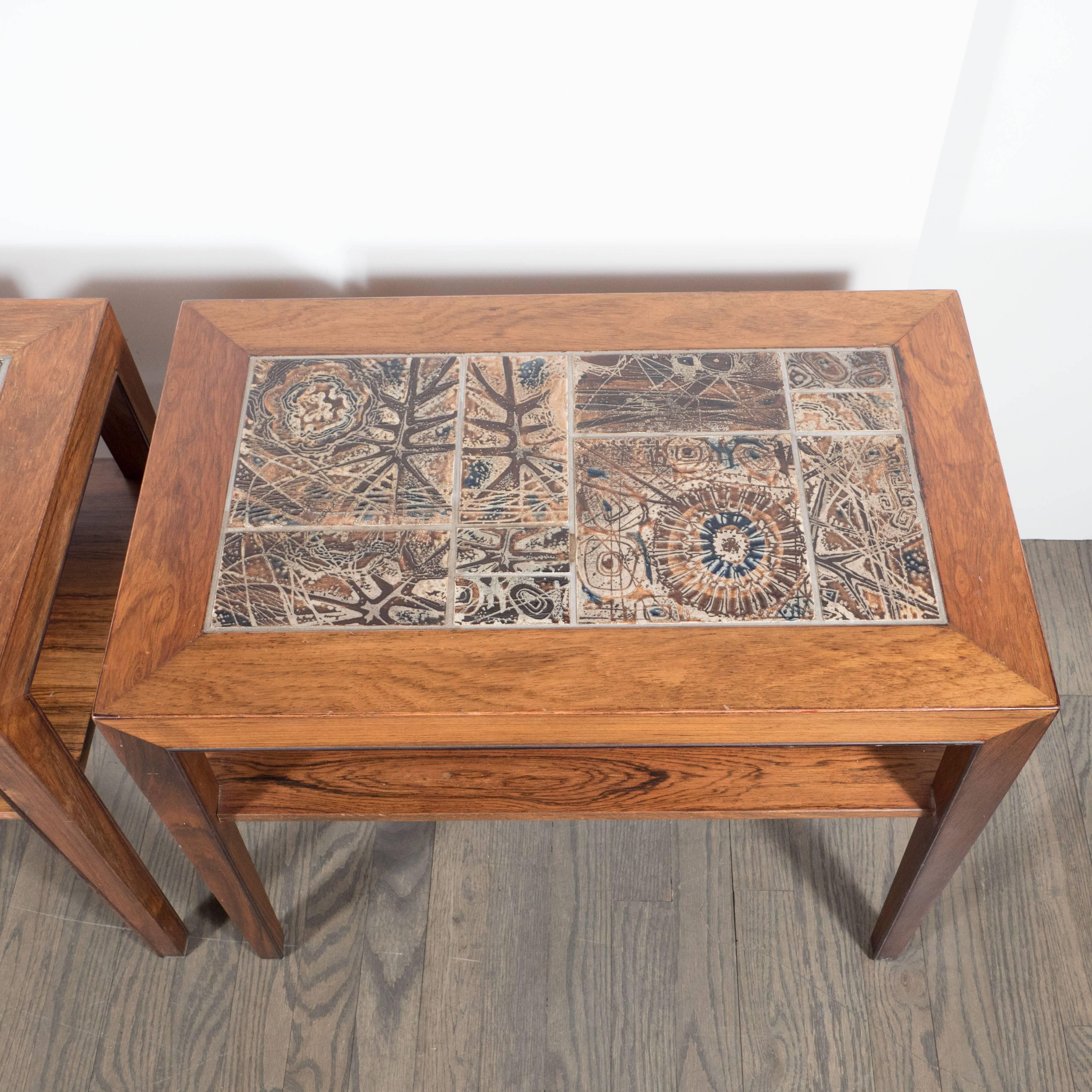 Mid-20th Century Pair of Mid-Century End Tables in Rosewood with Inset Royal Copenhagen Tiles
