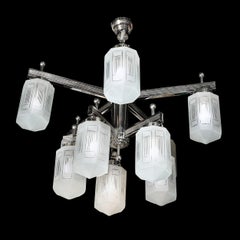 Art Deco Style 10 Arm Frosted & Etched Glass Chandelier w/ Polished Nickel Frame