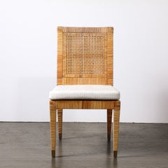 Sedia in rattan e bambù di metà secolo con rivestimento e imbottitura firmata Bielecky Brothers
