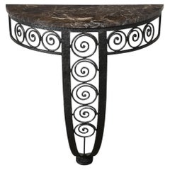 Art Deco Demilune Wrought-Iron Spiral & Noir St Laurent Marble Console Table