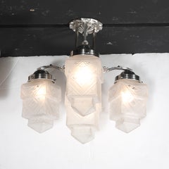 Art Deco Skyscraper-Style Nickeled Bronze & Frosted Glass 4-Arm Chandelier