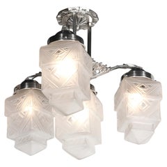 Art Deco Skyscraper-Style Nickeled Bronze & Frosted Glass 4-Arm Chandelier
